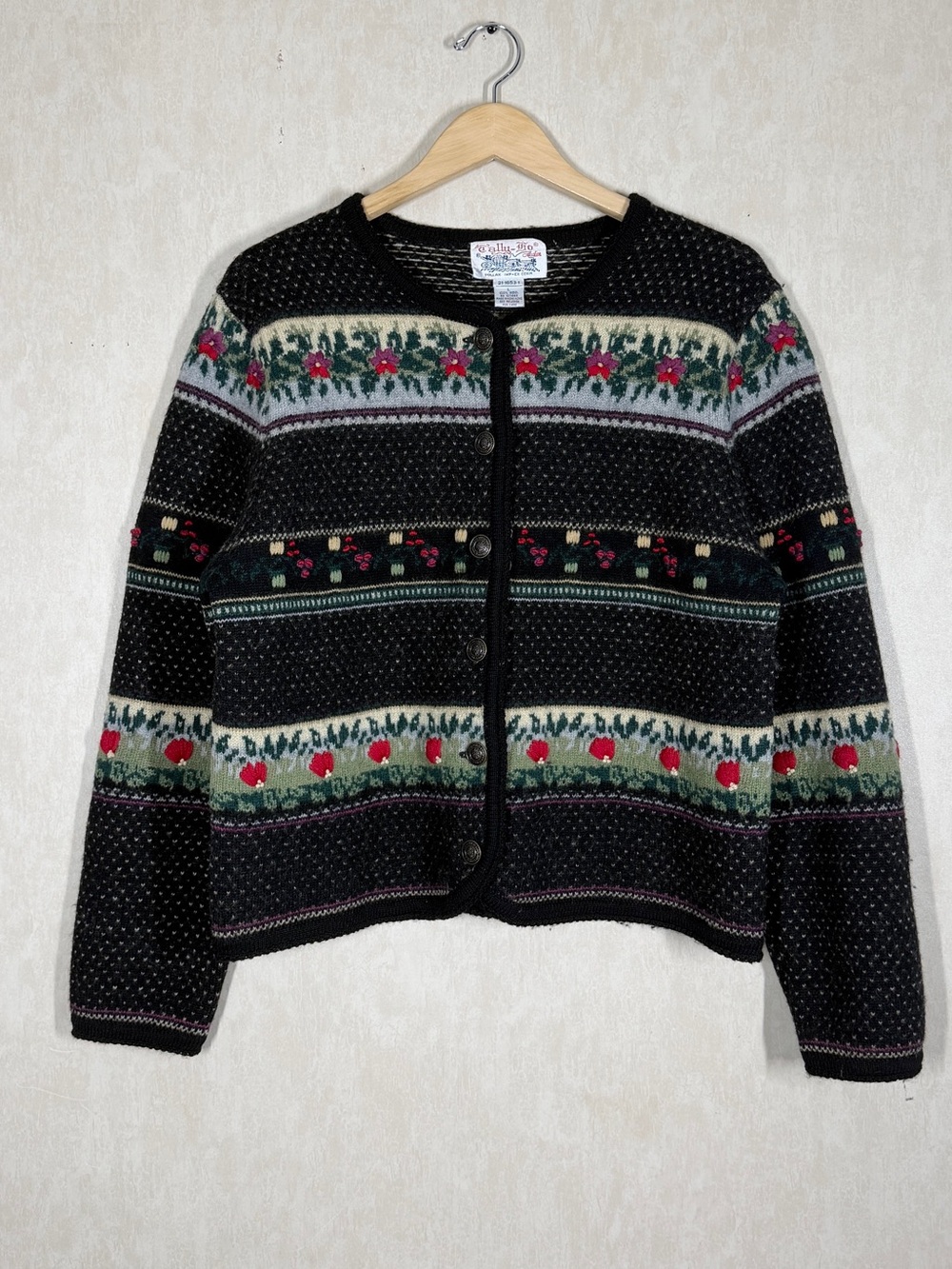 Tally Ho Women’s Vintage 100% Wool Cardigan Sweater Cottagecore Floral L